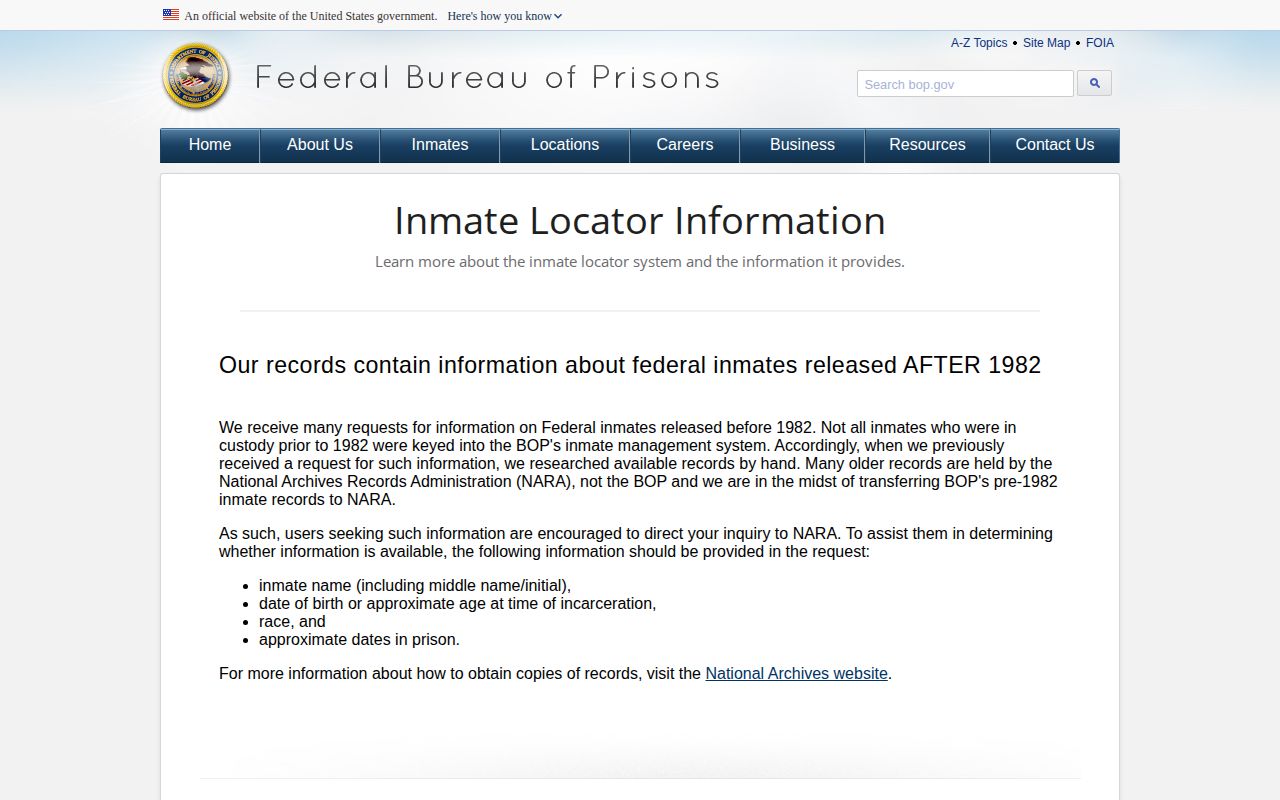 Federal Bureau of Prisons explanation of a released inmate locator result