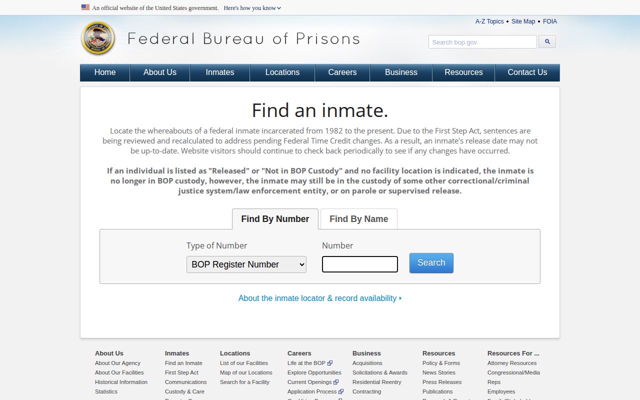 Federal Bureau of Prisons inmate locator search fields for a Travis County federal release inquiry