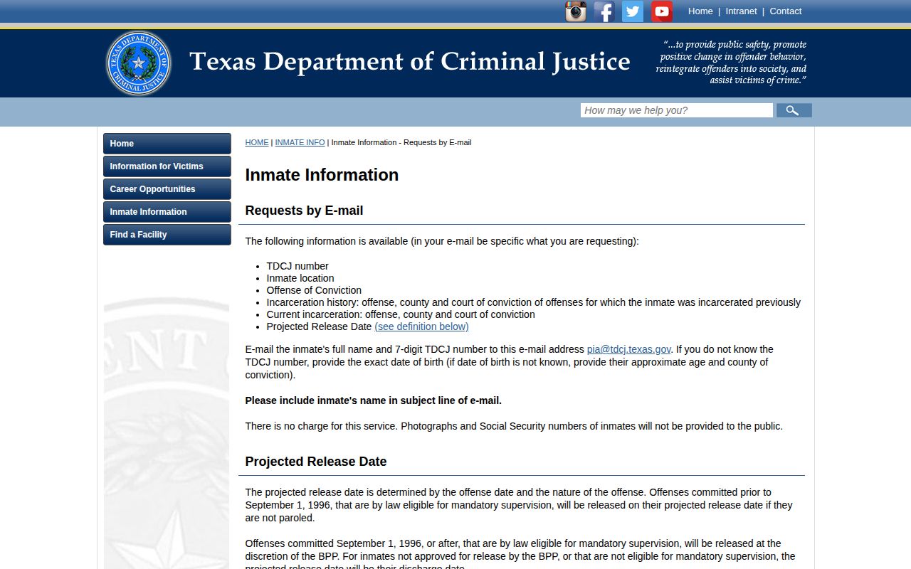 TDCJ projected release date definition and email request fields