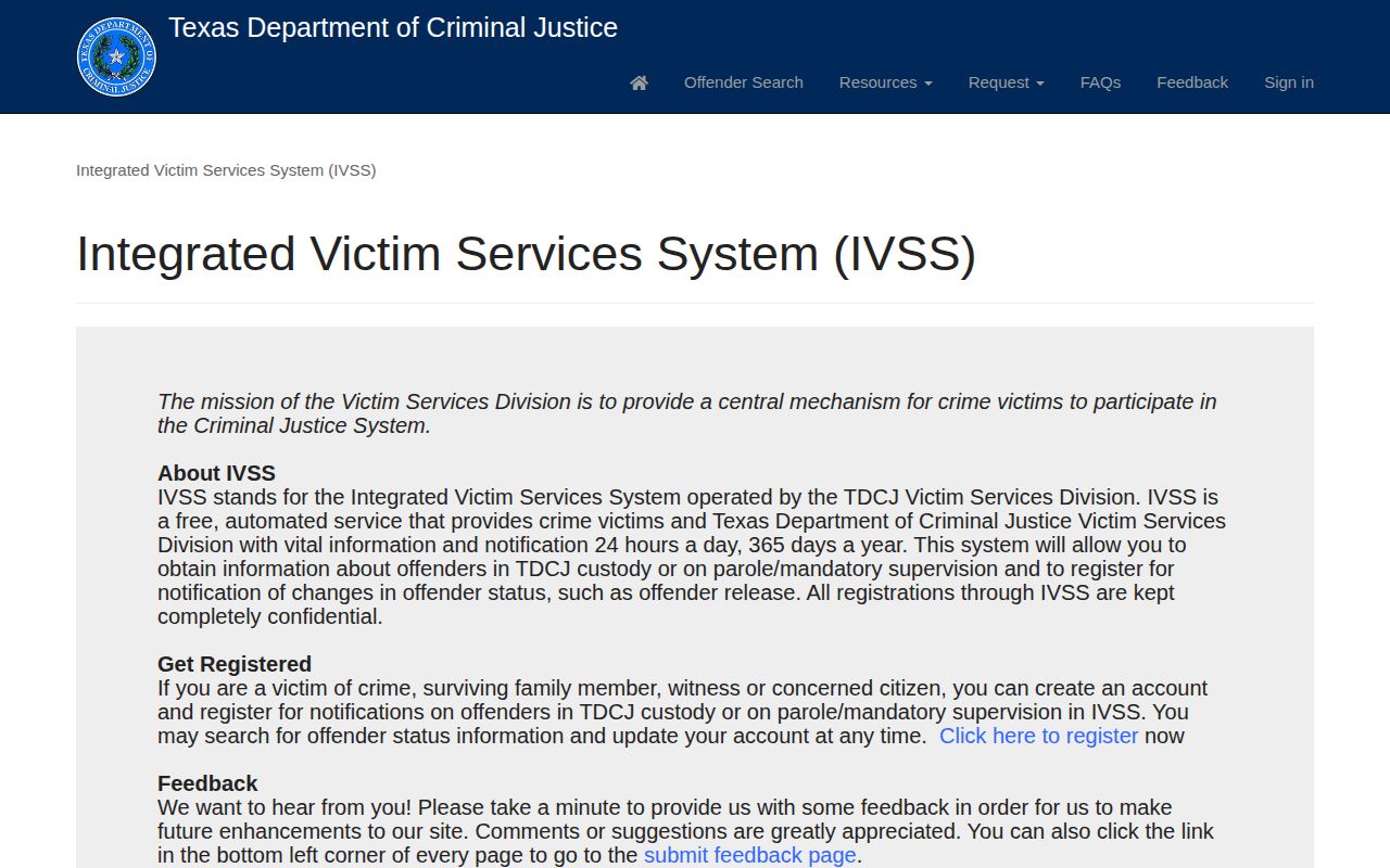 TDCJ IVSS offender search and notification choices
