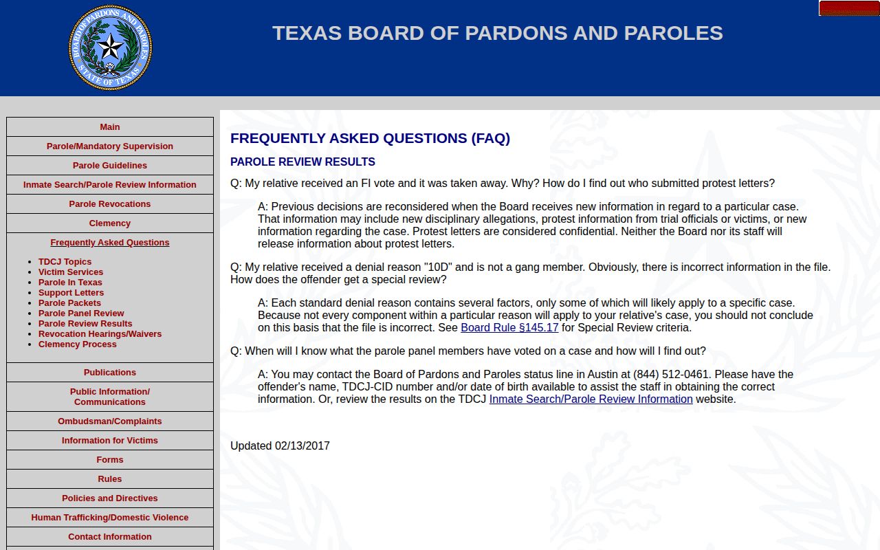 Texas parole review results and decision terminology