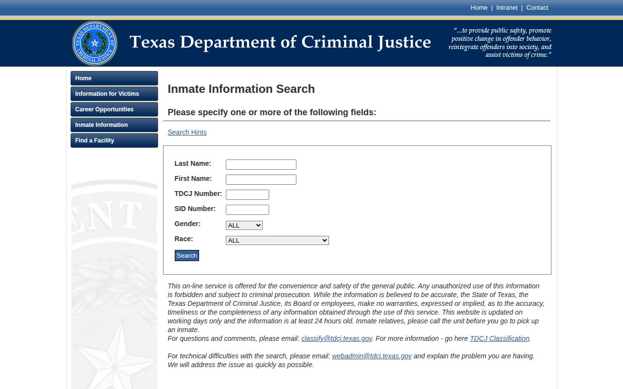Travis County released inmate TDCJ offender search fields